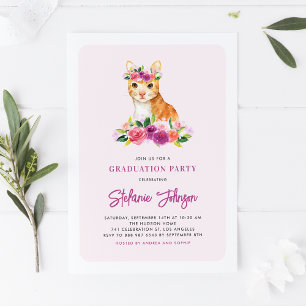 Watercolor Orange Cat Purple Flowers Graduation Invitation