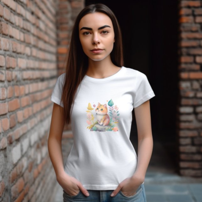 Watercolor Orange Cat with Flowers T-Shirt (Creator Uploaded)