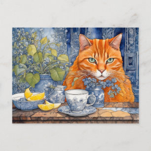 Watercolor Orange Cat with Lemon Tea Postcard