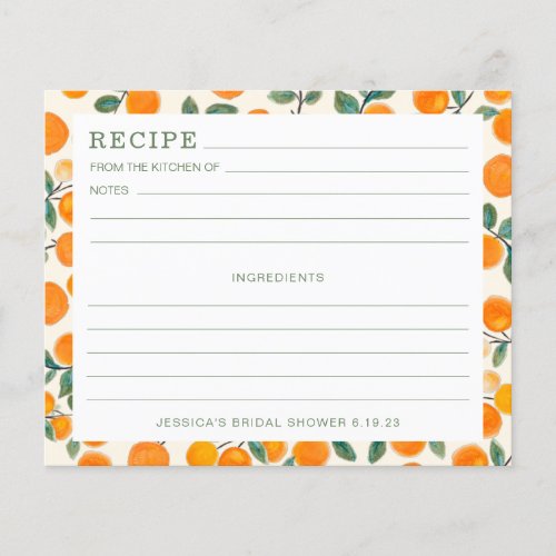 Watercolor Orange Citrus Bridal Shower Recipe Card