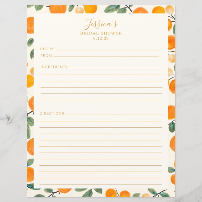Watercolor Orange Citrus Bridal Shower Recipe Page (Front)