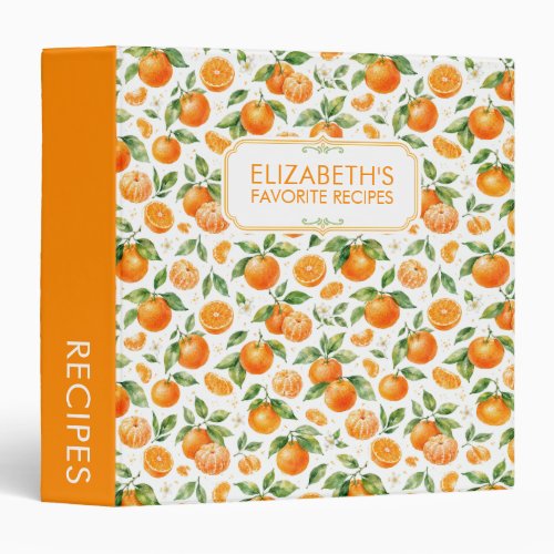 Watercolor Orange Citrus Cookbook Recipe 3 Ring Binder
