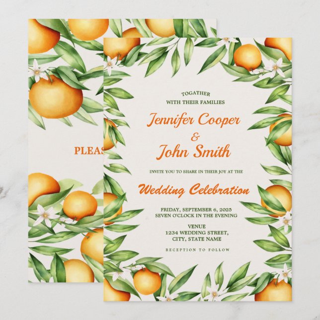 Watercolor Orange Citrus Fruit Botanical Wedding Invitation (Front/Back)