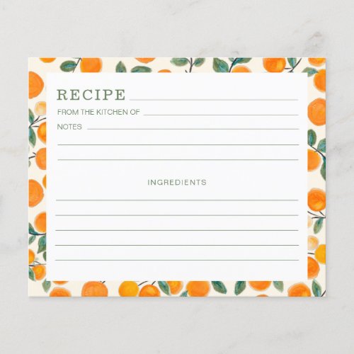 Watercolor Orange Citrus Fruit Pattern Recipe Card