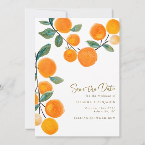 Watercolor Orange Citrus Fruit Script Wedding Save The Date