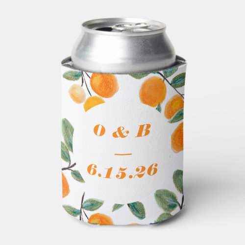 Watercolor Orange Citrus Monogrammed Wedding  Can Cooler