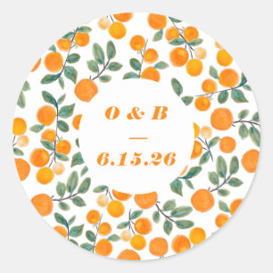 Watercolor Orange Citrus Monogrammed Wedding Classic Round Sticker