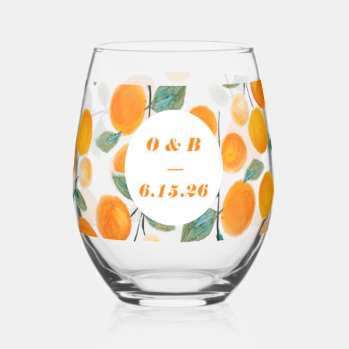 Watercolor Orange Citrus Monogrammed Wedding  Stemless Wine Glass