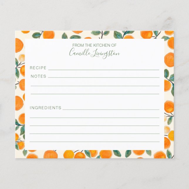 Watercolor Orange Citrus Name Recipe Card (Front)
