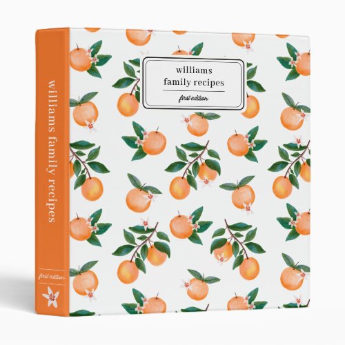 Watercolor Orange Citrus Personalized Recipe 3 Ring Binder