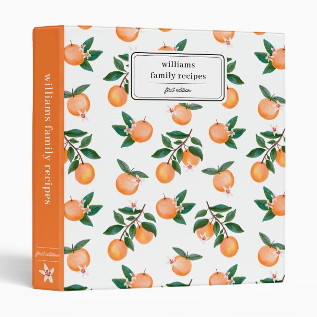 Watercolor Orange Citrus Personalized Recipe 3 Ring Binder (Front/Spine)