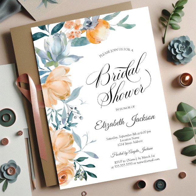 Watercolor Orange Dusty Blue Flowers Bridal Shower Invitation (Creator Uploaded)