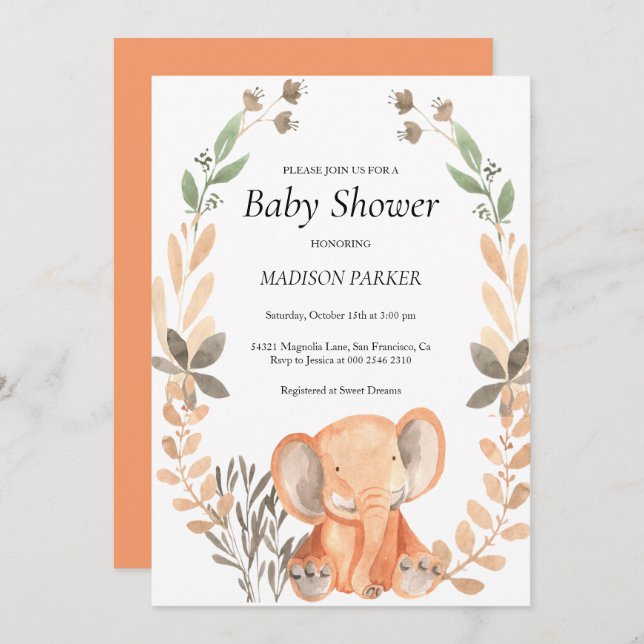 Watercolor Orange Elephant Invitation (Front/Back)