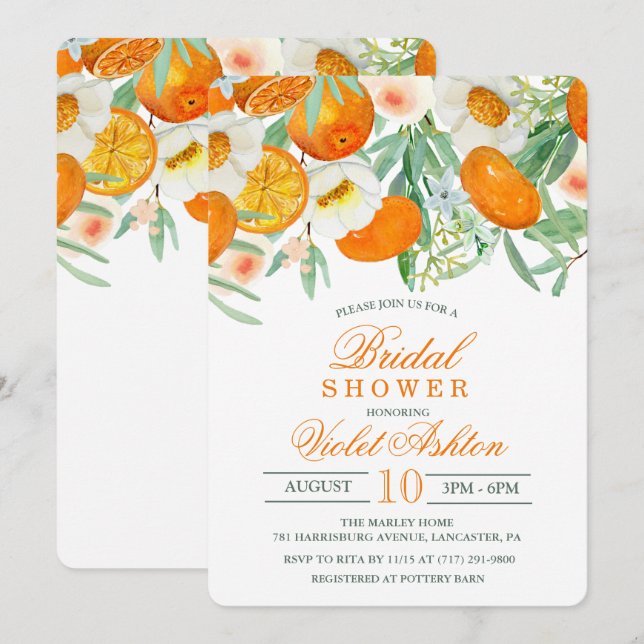 Watercolor Orange Floral Bridal Shower Invitation (Front/Back)