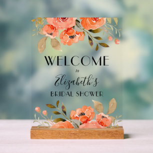Watercolor Orange Floral Bridal Shower Welcome Acrylic Sign