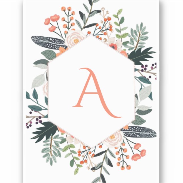 Watercolor Orange Floral greenery  initial Sticker (Front)