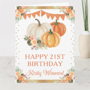 Watercolor Orange Floral Pumpkins Birthday Card