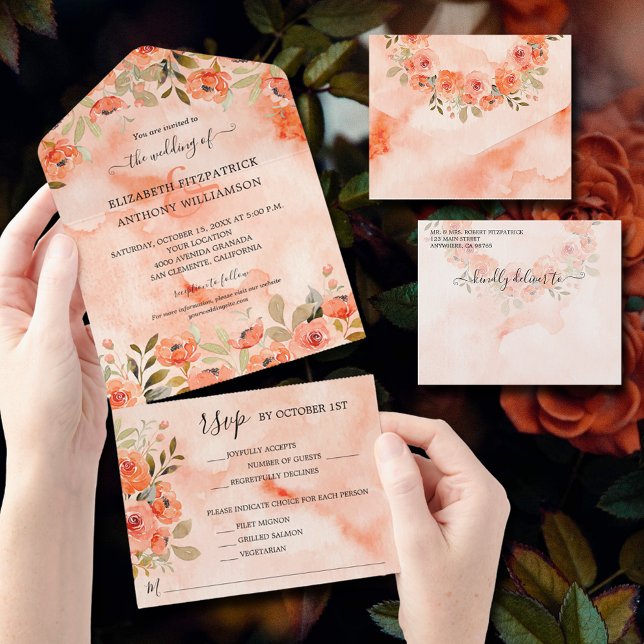 Watercolor Orange Floral Wedding  All In One Invitation (Watercolor Orange Floral All In One Wedding Invitations)