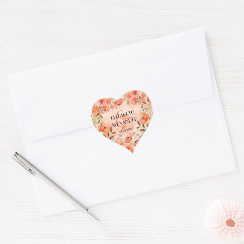 Watercolor Orange Floral Wedding Heart Sticker