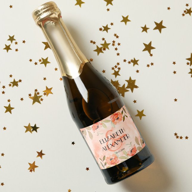 Watercolor Orange Floral Wedding Mini Sparkling Wine Label (Watercolor orange floral wedding mini sparkling wine bottle personalized labels)