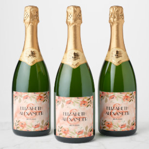 Watercolor Orange Floral Wedding Sparkling Wine Label