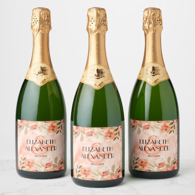 Watercolor Orange Floral Wedding Sparkling Wine Label (Bottles)