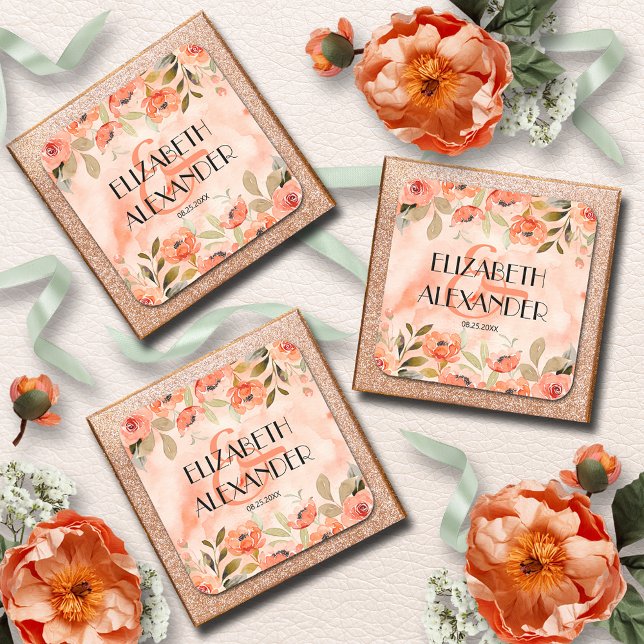 Watercolor Orange Floral Wedding Square Sticker (Wedding Watercolor Orange Floral 3" Square Stickers)