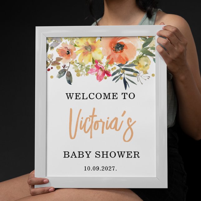 Watercolor Orange Floral Welcome Baby Shower  Poster (Creator Uploaded)