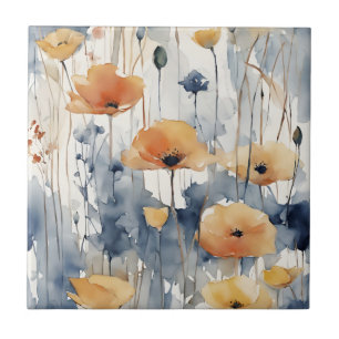 Watercolor Orange Flowers Blue Indigo Design 347 Ceramic Tile