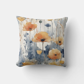 Watercolor Orange Flowers Blue Indigo Design 347 Throw Pillow