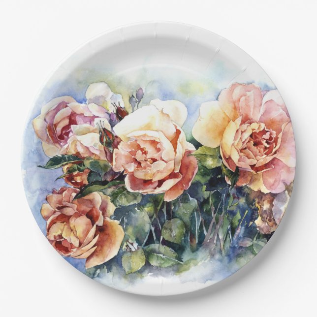 Watercolor orange flowers roses illustration flowe paper plates (Front)