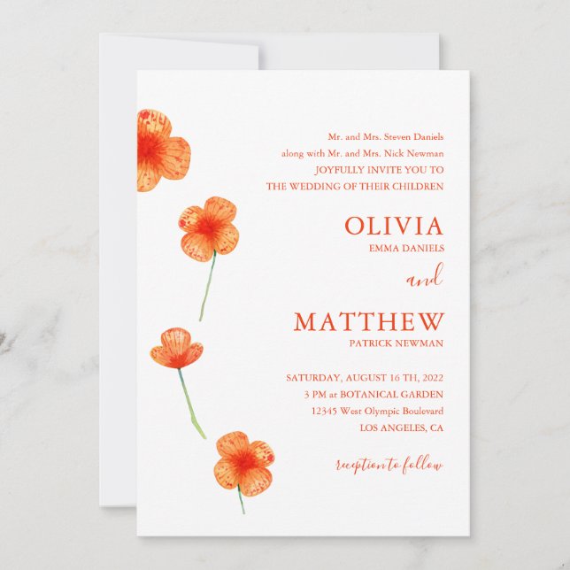 Watercolor orange flowers. Simple floral wedding Invitation (Front)