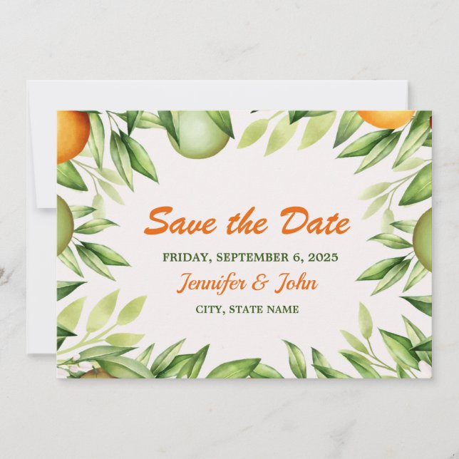 Watercolor Orange Fruit Botanical Wedding Save The Date (Front)