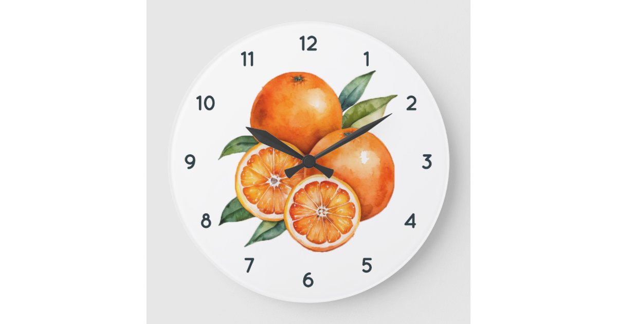 Watercolor Orange fruit Clock with Black numbers | Zazzle