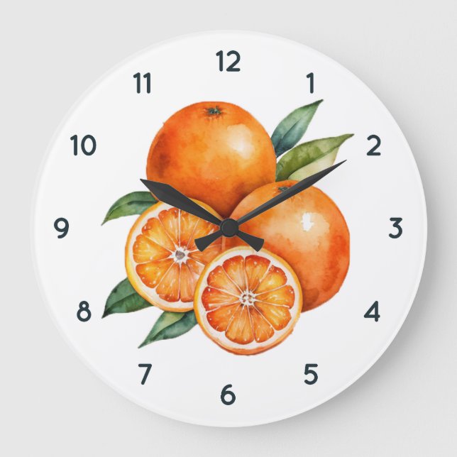 Watercolor Orange fruit Clock with Black numbers (Front)