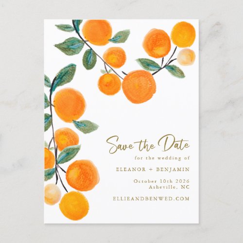 Watercolor Orange Fruit Script Save The Date Postcard