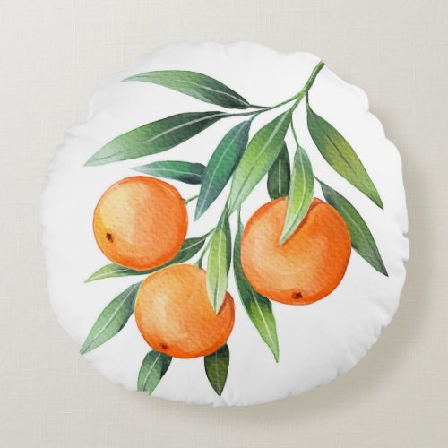 Watercolor Orange Fruits Branches Isolated Round Pillow