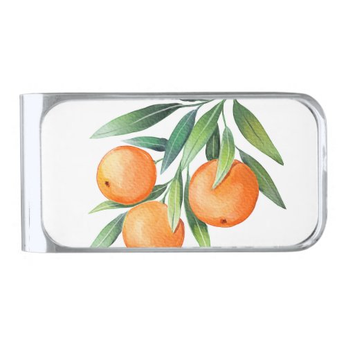 Watercolor Orange Fruits Branches Isolated Silver Finish Money Clip