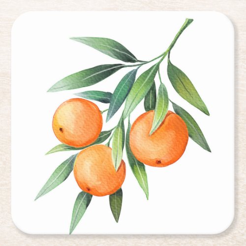 Watercolor Orange Fruits Branches Isolated Square Paper Coaster