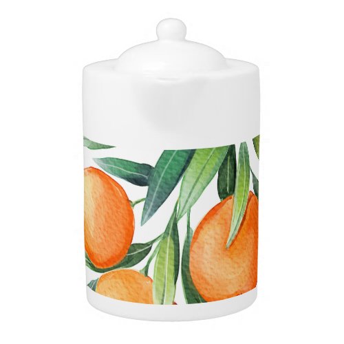 Watercolor Orange Fruits Branches Isolated Teapot