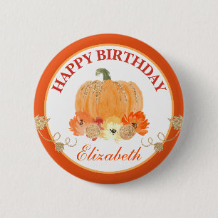 Watercolor Orange & Gold Pumpkin Happy Birthday Button