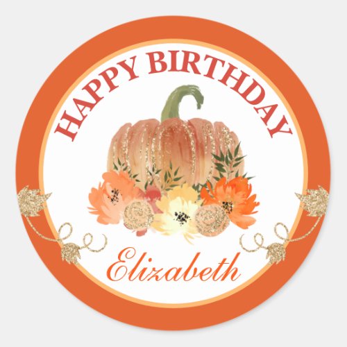 Watercolor Orange  Gold Pumpkin Happy Birthday Classic Round Sticker