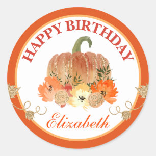 Watercolor Orange & Gold Pumpkin Happy Birthday Classic Round Sticker