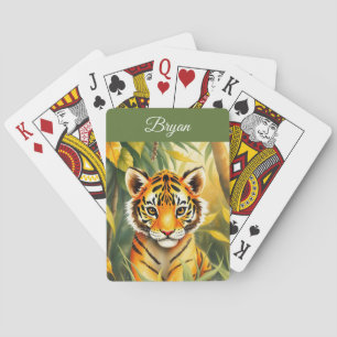 Watercolor Orange & Green Cute Tiger Kids Name Poker Cards