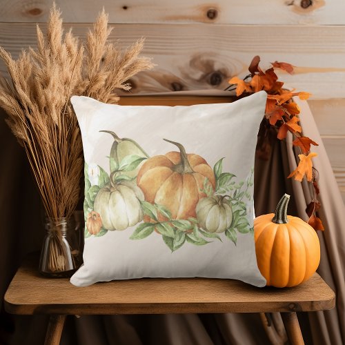 Watercolor Orange Green Pumpkins Throw Pillow