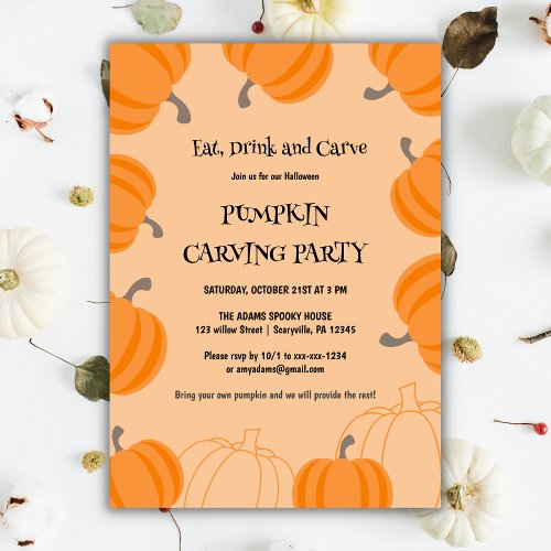 Watercolor Orange Halloween Pumpkin Carving Party Invitation