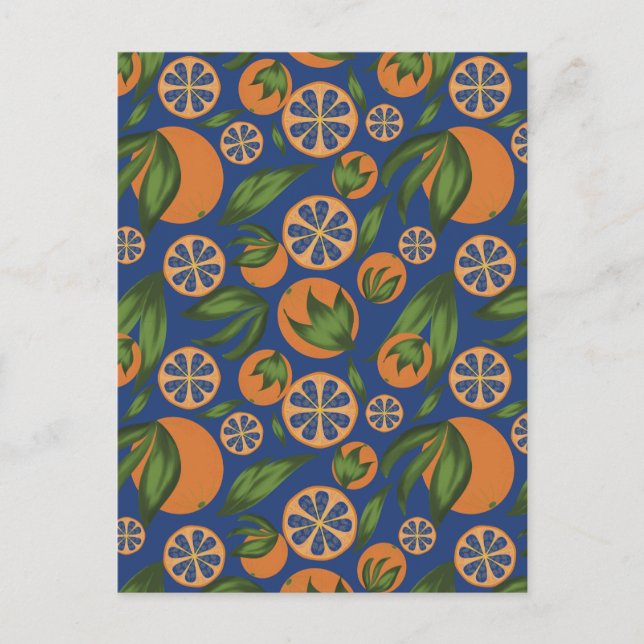 Watercolor Orange Indigo Fruit Pattern Postcard (Front)