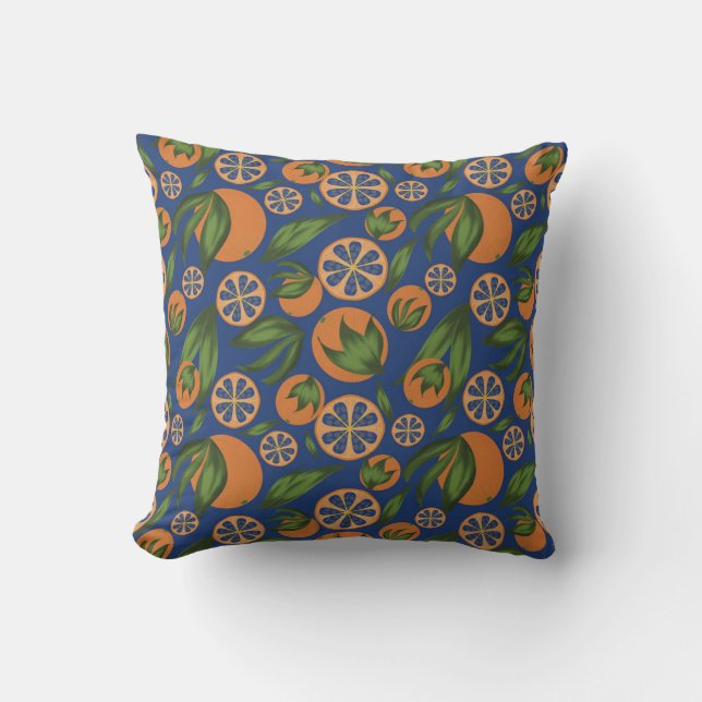 Watercolor Orange Indigo Fruit Pattern Throw Pillow (Front)