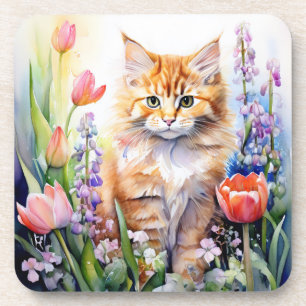 Watercolor Orange Kitty Cat In Flower Garden Beverage Coaster