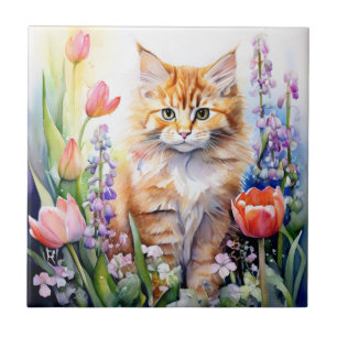 Watercolor Orange Kitty Cat In Flower Garden Ceramic Tile
